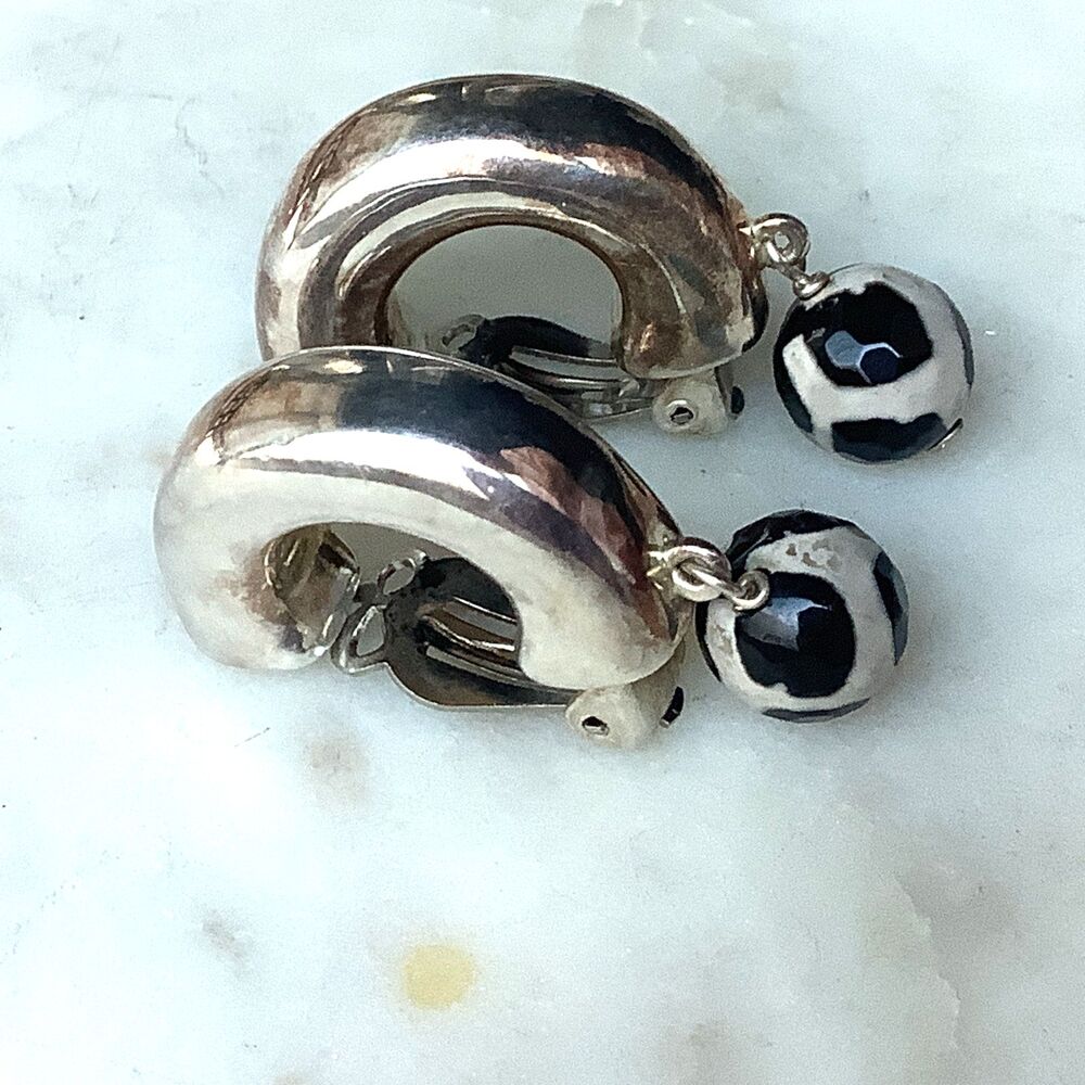 Sterling Giraffe Agate Earrings Stretch Bracelet 925 Silver Black White Stones - Picture 4 of 13